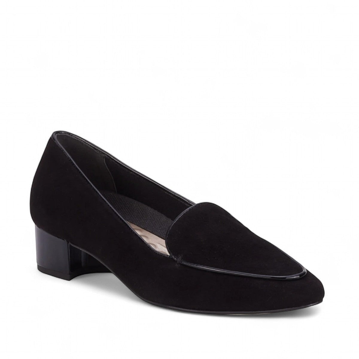 Ros Hommerson Honey black suede loafer with patent leather piping and a low crescent heel.
photo of the front side