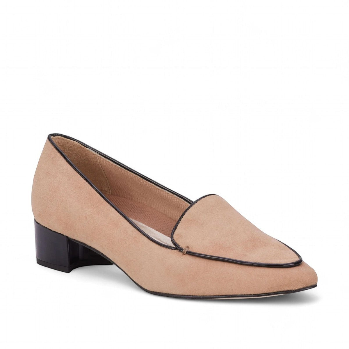 Ros Hommerson Evie black shiny tumbled leather loafer with square toe, chain detail, and block heel.
photo of the front side