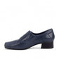 Ros Hommerson Eagan navy patent lizard print leather loafer pump with a squared toe and low block heel.
photo of the left side