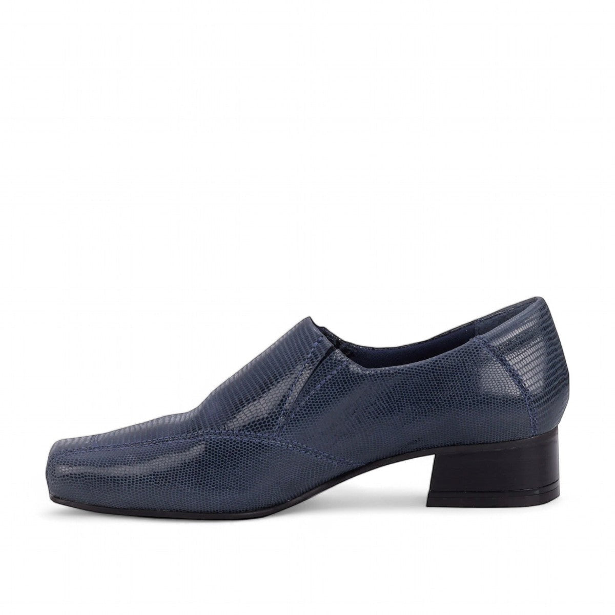 Ros Hommerson Eagan navy patent lizard print leather loafer pump with a squared toe and low block heel.
photo of the left side