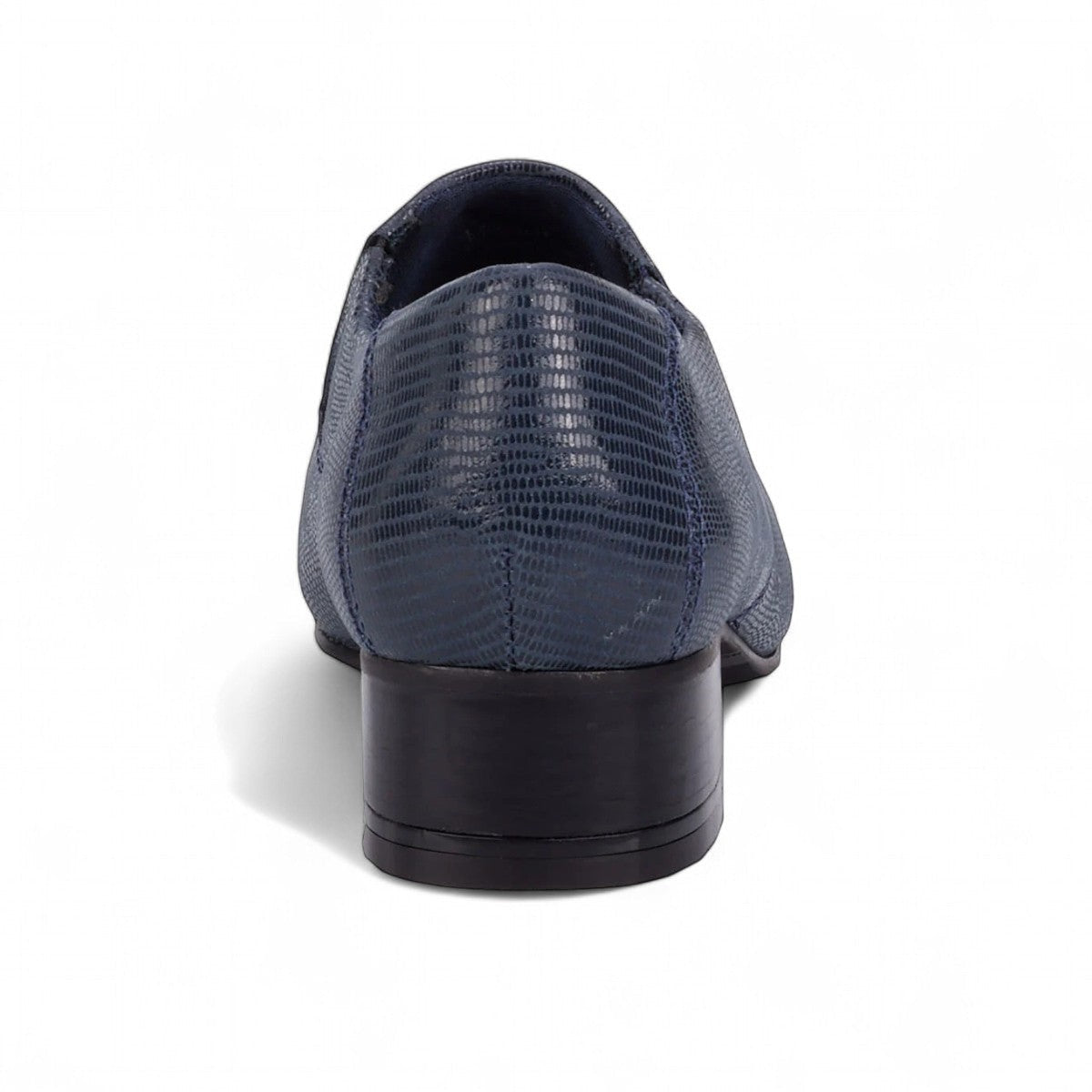 Ros Hommerson Eagan navy patent lizard print leather loafer pump with a squared toe and low block heel.
photo of the back side