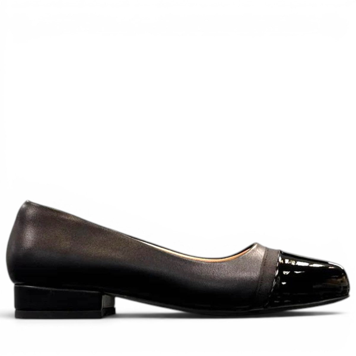 Sabatini of Florence SF1 black slip-on shoe with a glossy cap-toe and low block heel.
photo of the right side
