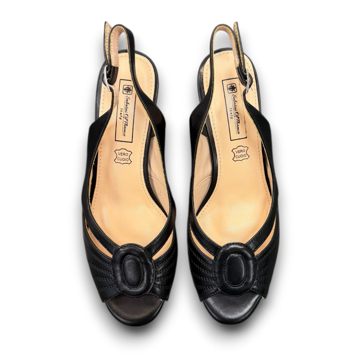 Sabatini of Florence SF12 black leather slingback heel with peep toe and stitched detailing.
photo of the top side
