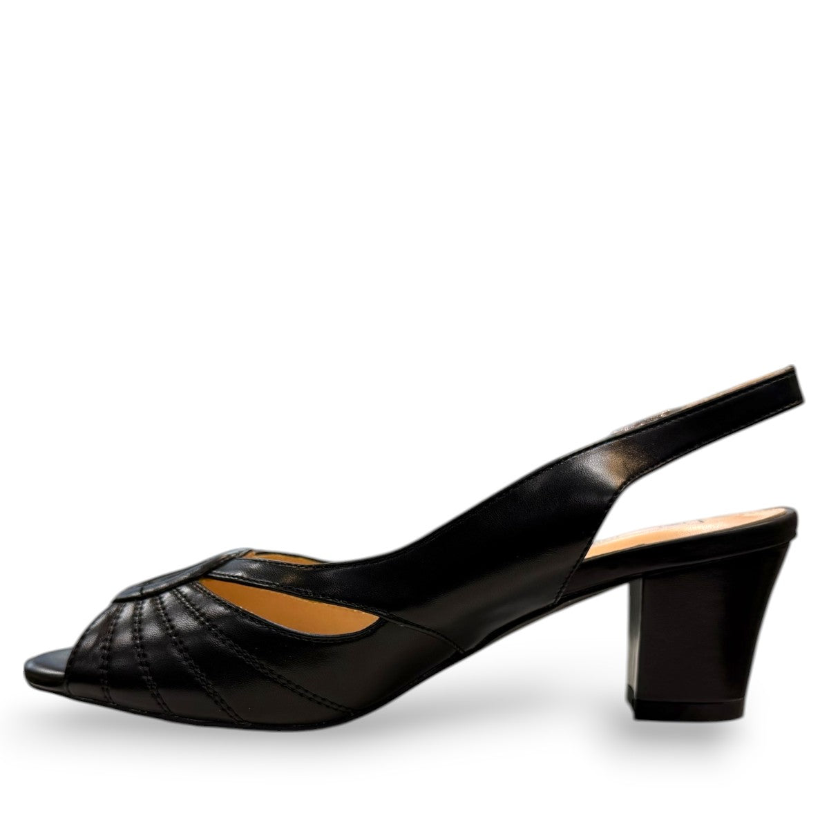 Sabatini of Florence SF12 black leather slingback heel with peep toe and stitched detailing.
photo of the left side