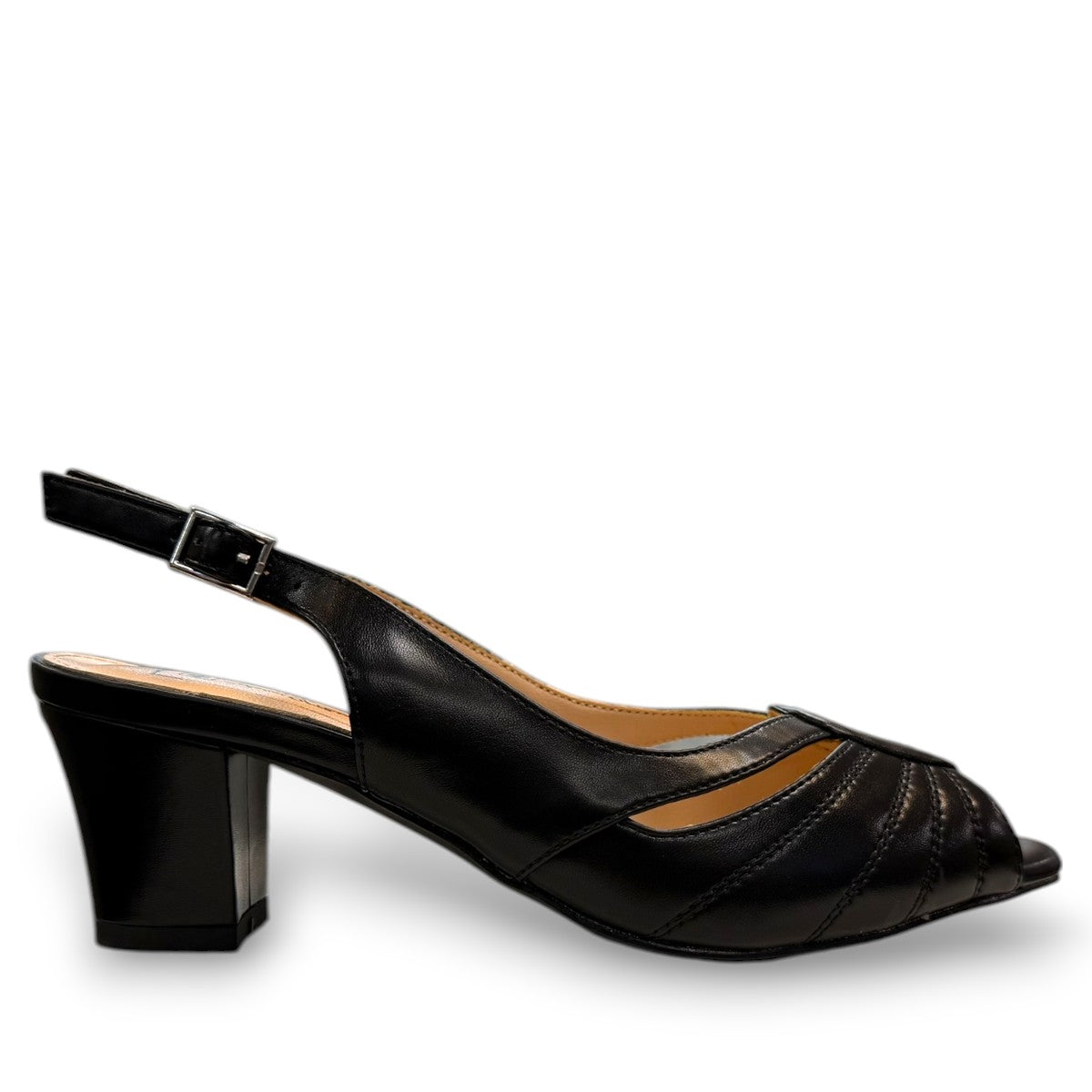 Sabatini of Florence SF12 black leather slingback heel with peep toe and stitched detailing.
photo of the right side