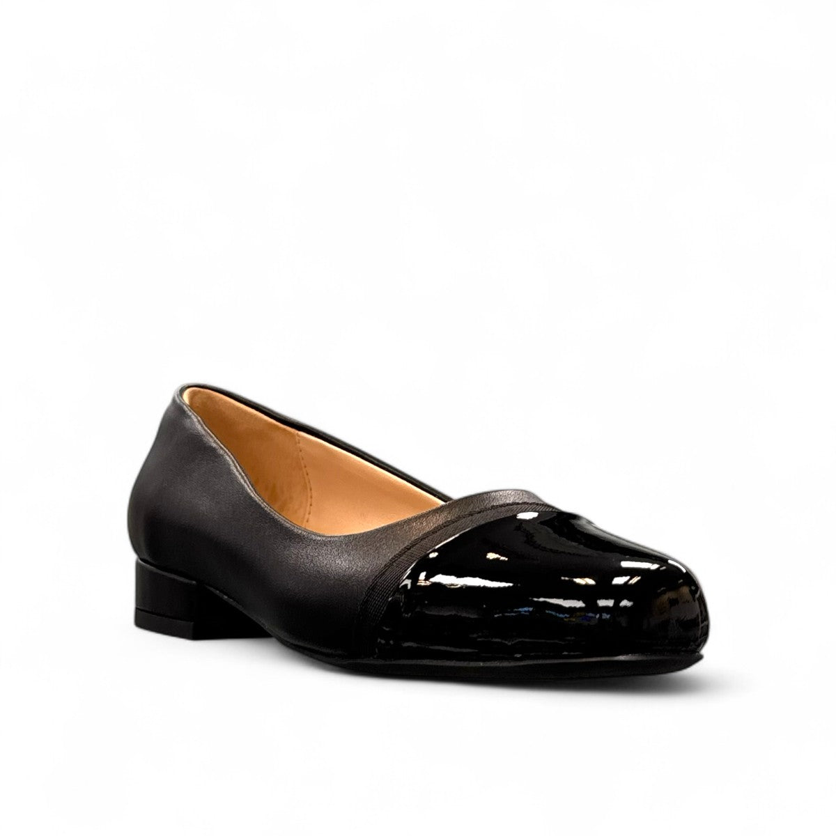 Sabatini of Florence SF1 black slip-on shoe with a glossy cap-toe and low block heel.
photo of the front side