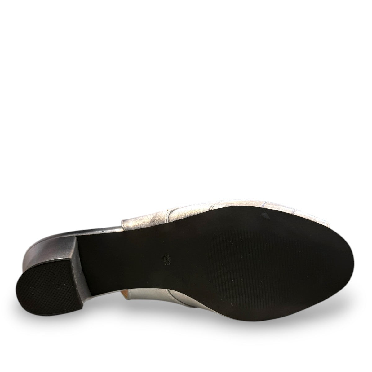 Sabatini of Florence SF12 silver metallic slingback heels with a comfortable block heel and peep toe.
photo of the bottom side