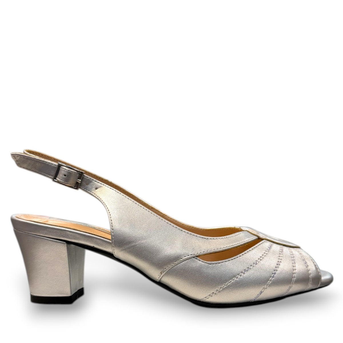 Sabatini of Florence SF12 silver metallic slingback heels with a comfortable block heel and peep toe.
photo of the right side