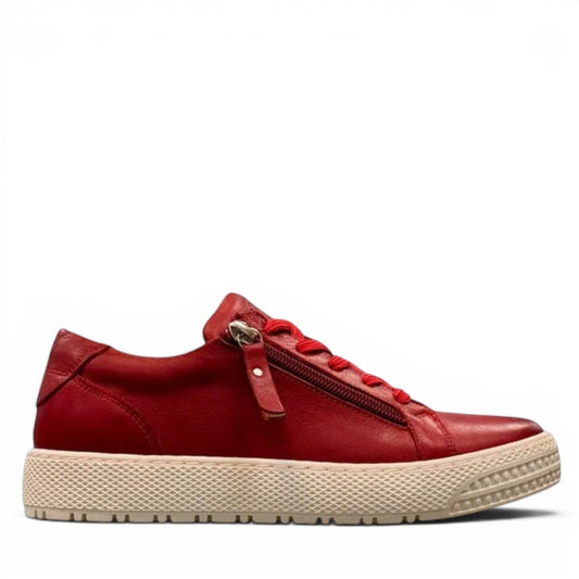 safe step 25491 red leather women's sneaker with side zipper, elastic laces, and a textured white synthetic sole.
