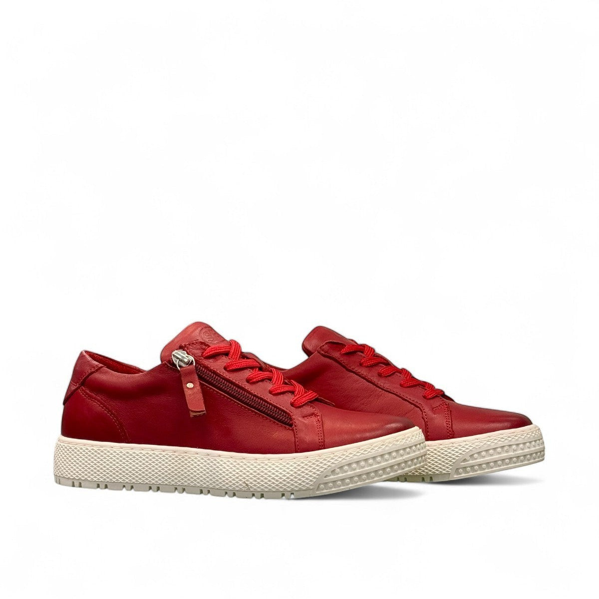 safe step 25491 red leather women's sneaker with side zipper, elastic laces, and a textured white synthetic sole.