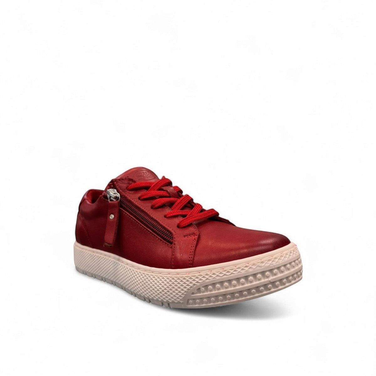 safe step 25491 red leather women's sneaker with side zipper, elastic laces, and a textured white synthetic sole.