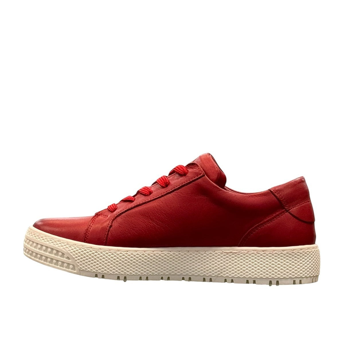 safe step 25491 red leather women's sneaker with side zipper, elastic laces, and a textured white synthetic sole.