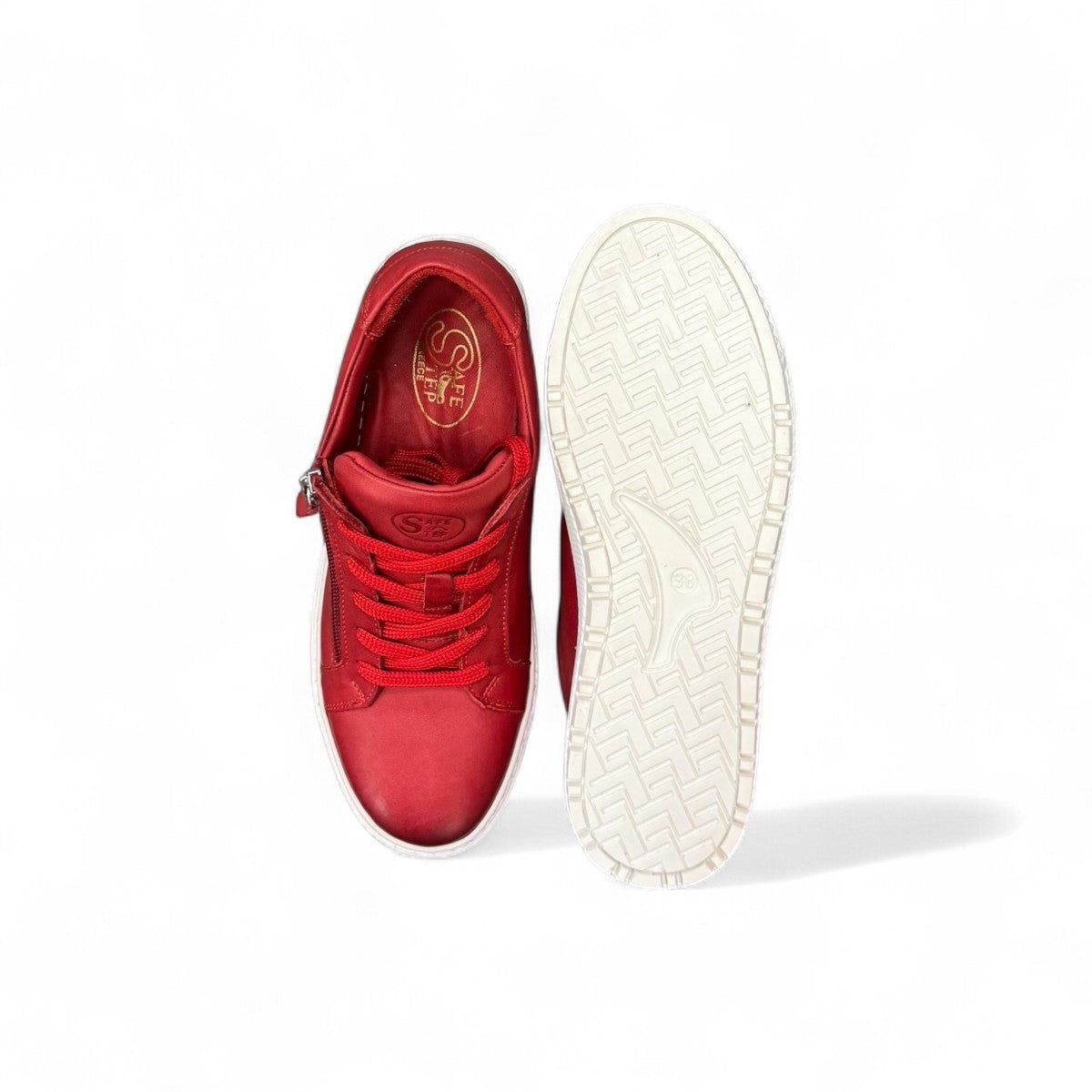 safe step 25491 red leather women's sneaker with side zipper, elastic laces, and a textured white synthetic sole.