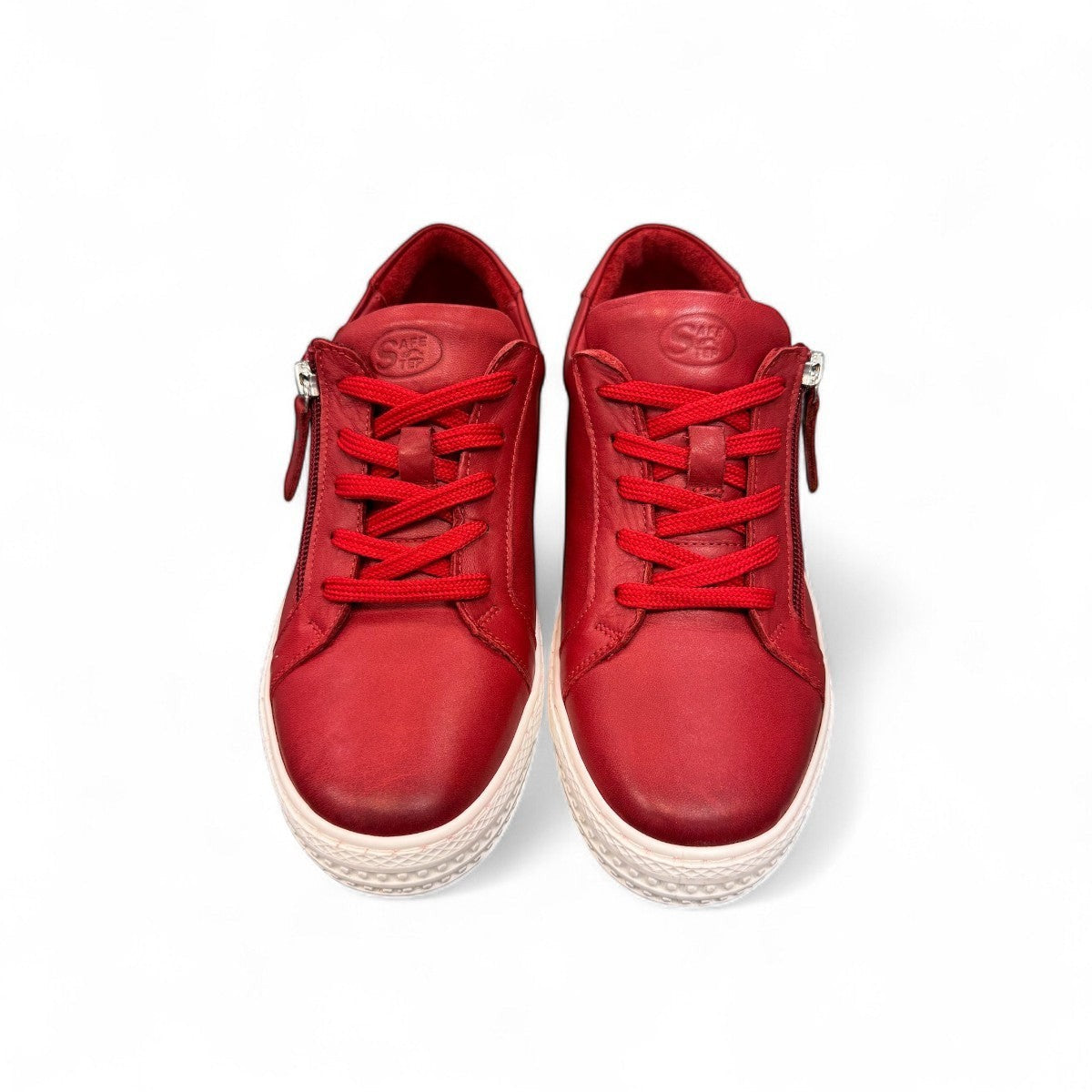 safe step 25491 red leather women's sneaker with side zipper, elastic laces, and a textured white synthetic sole.
