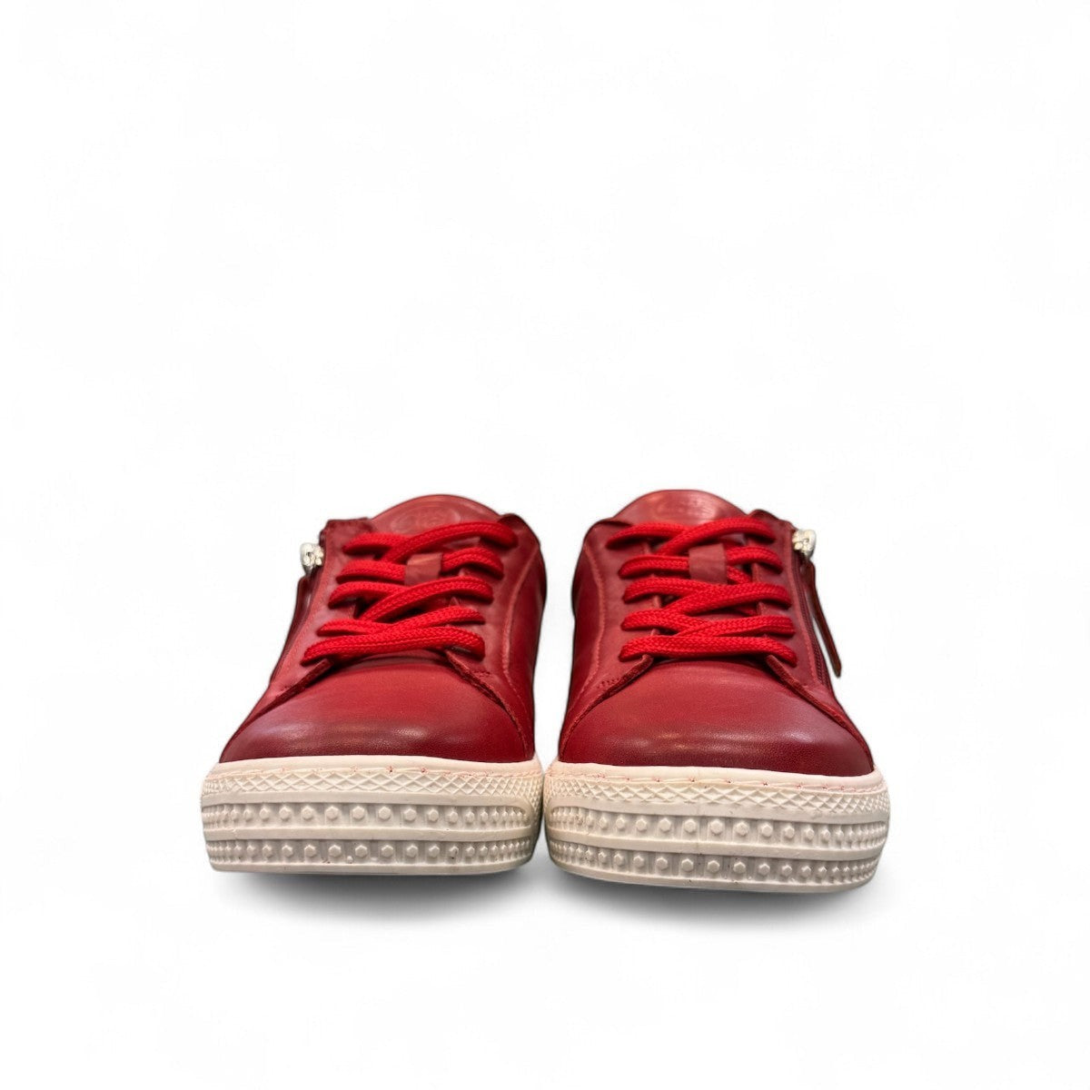 safe step 25491 red leather women's sneaker with side zipper, elastic laces, and a textured white synthetic sole.