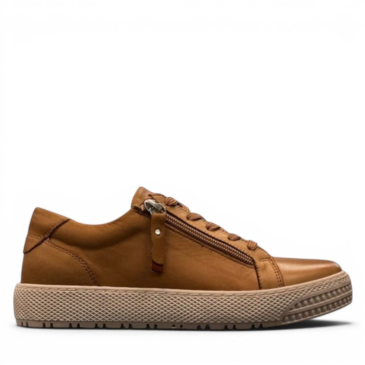 SAFE STEP 25491 LION tan leather sneaker with side zipper, elastic laces, and textured synthetic sole.