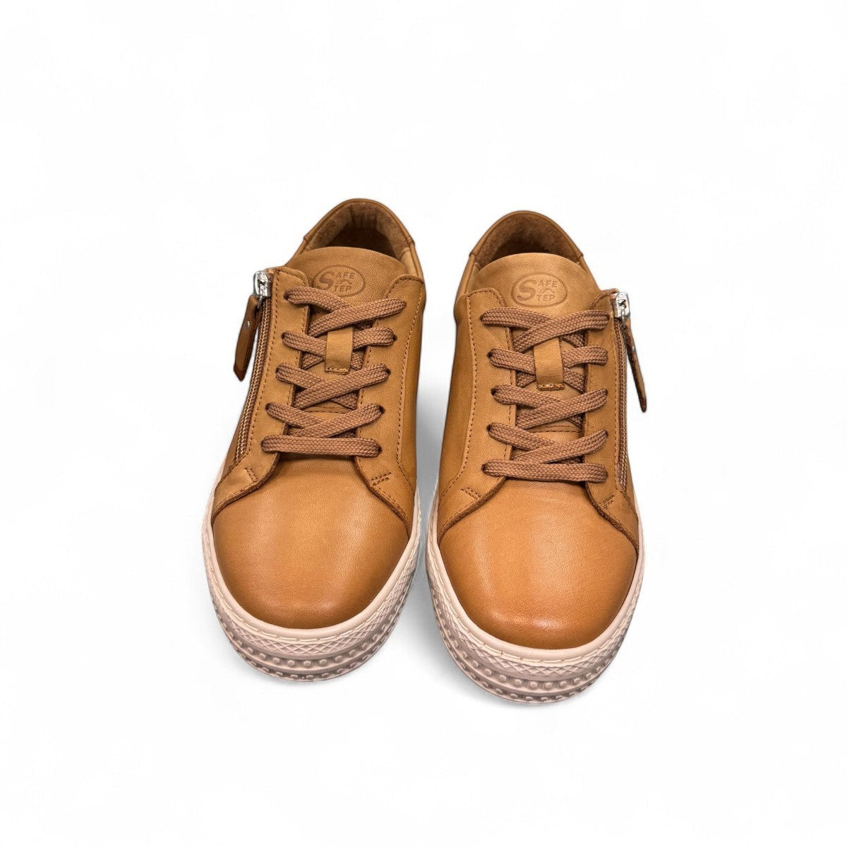 SAFE STEP 25491 LION tan leather sneaker with side zipper, elastic laces, and textured synthetic sole.