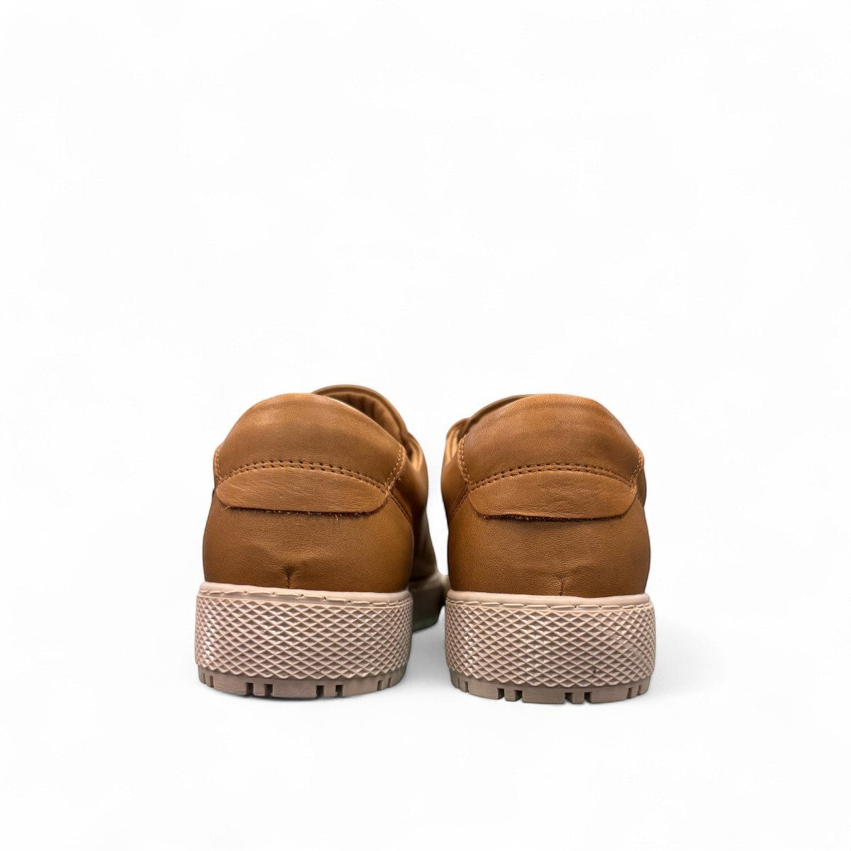 SAFE STEP 25491 LION tan leather sneaker with side zipper, elastic laces, and textured synthetic sole.