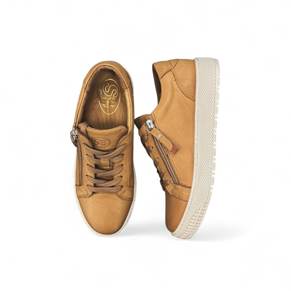 SAFE STEP 25491 LION tan leather sneaker with side zipper, elastic laces, and textured synthetic sole.