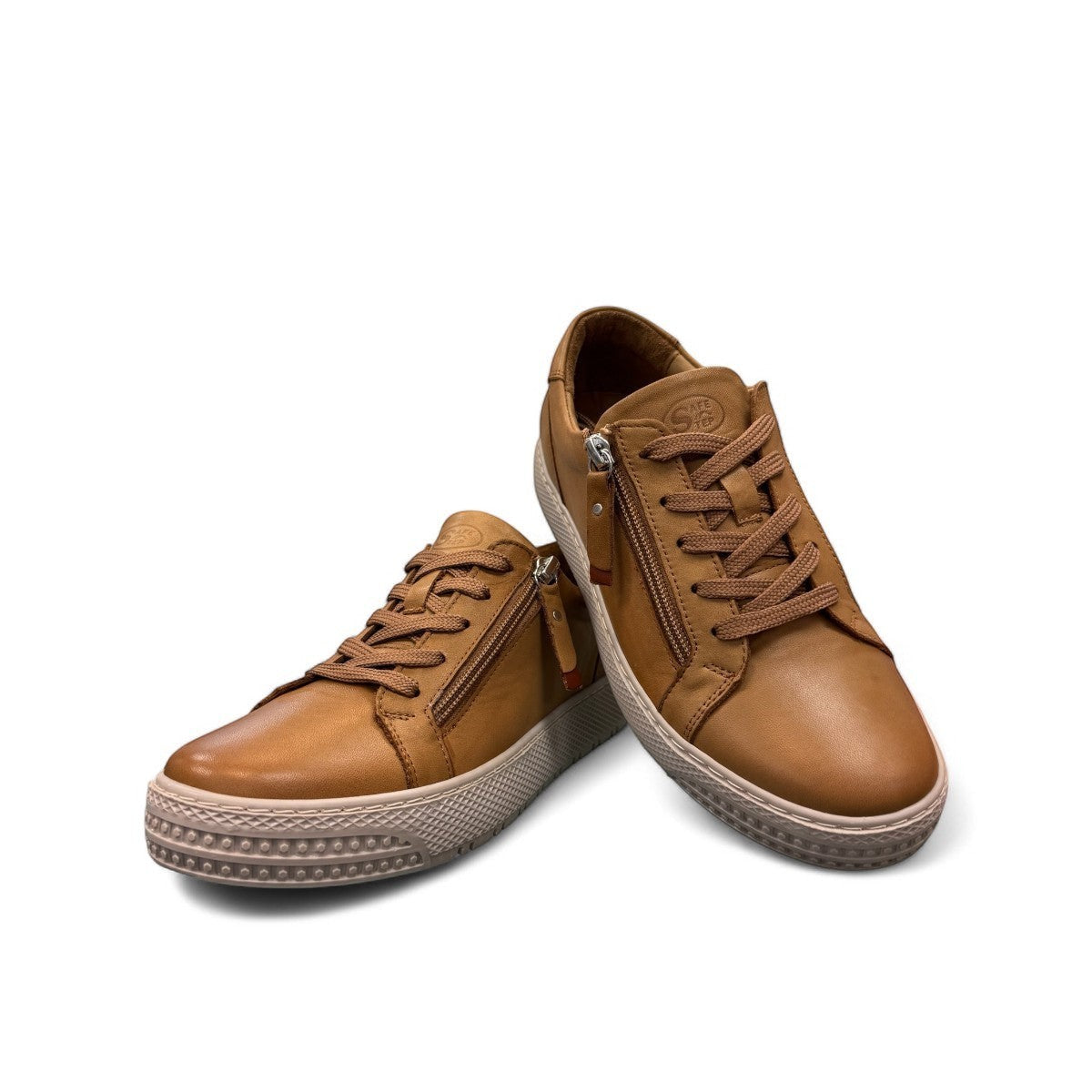 SAFE STEP 25491 LION tan leather sneaker with side zipper, elastic laces, and textured synthetic sole.