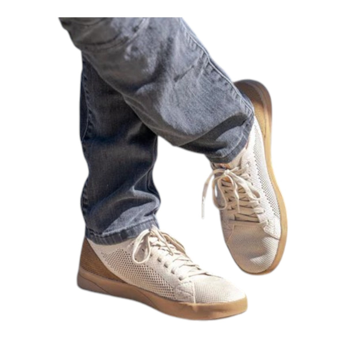 SAOLA Cannon Knit 2.0M sneakers in cashew beige with a breathable knit upper and durable rubber sole. Photo of upper view.