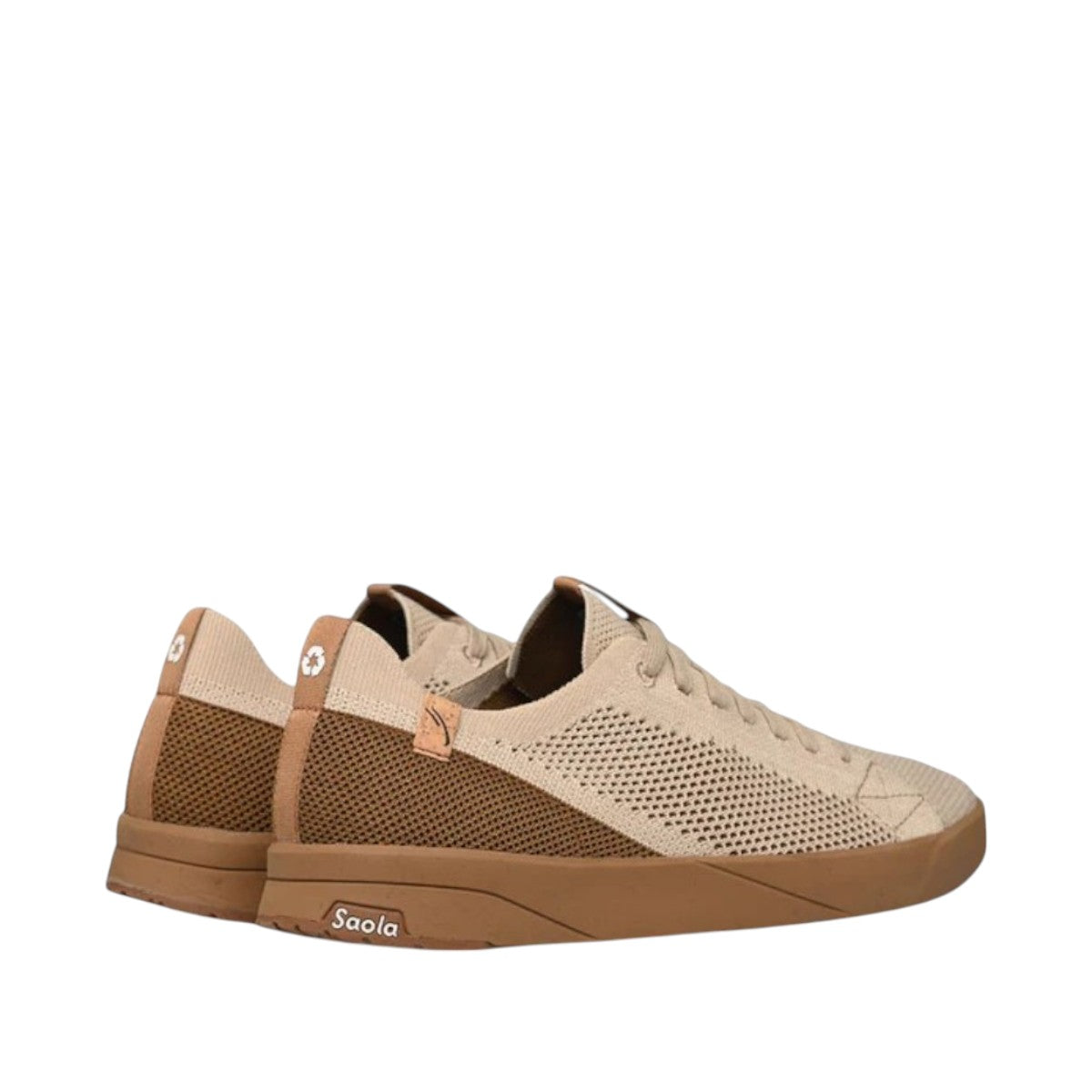 SAOLA Cannon Knit 2.0M sneakers in cashew beige with a breathable knit upper and durable rubber sole. Photo of back side views.