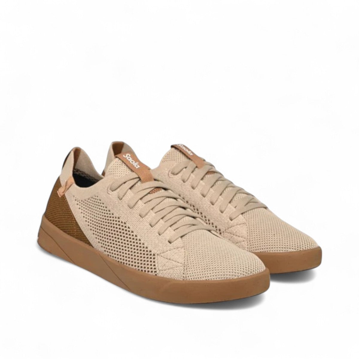 SAOLA Cannon Knit 2.0M sneakers in cashew beige with a breathable knit upper and durable rubber sole. Photo of front side views.