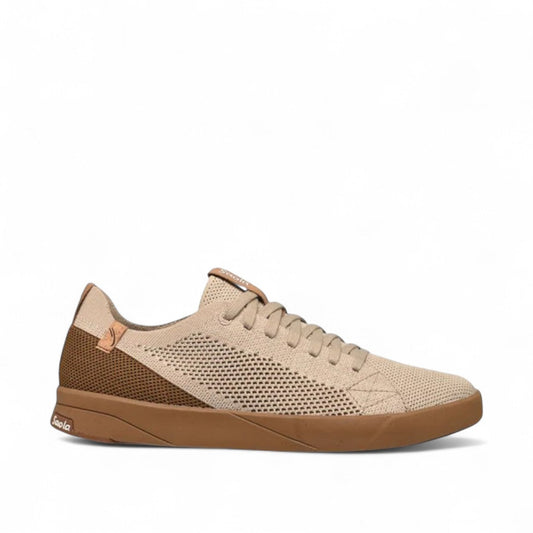 SAOLA Cannon Knit 2.0M sneakers in cashew beige with a breathable knit upper and durable rubber sole. Photo of right side view.