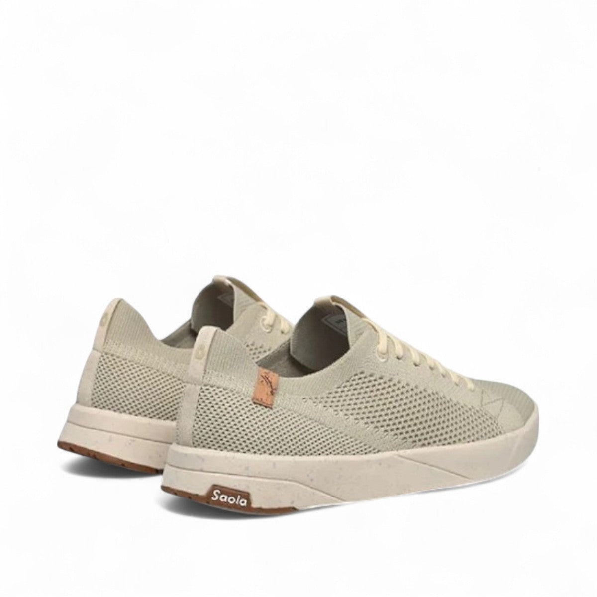 SAOLA Cannon Knit 2.0W sneakers in faded green with a sustainable recycled knit upper and cork details. Photo of back side views.