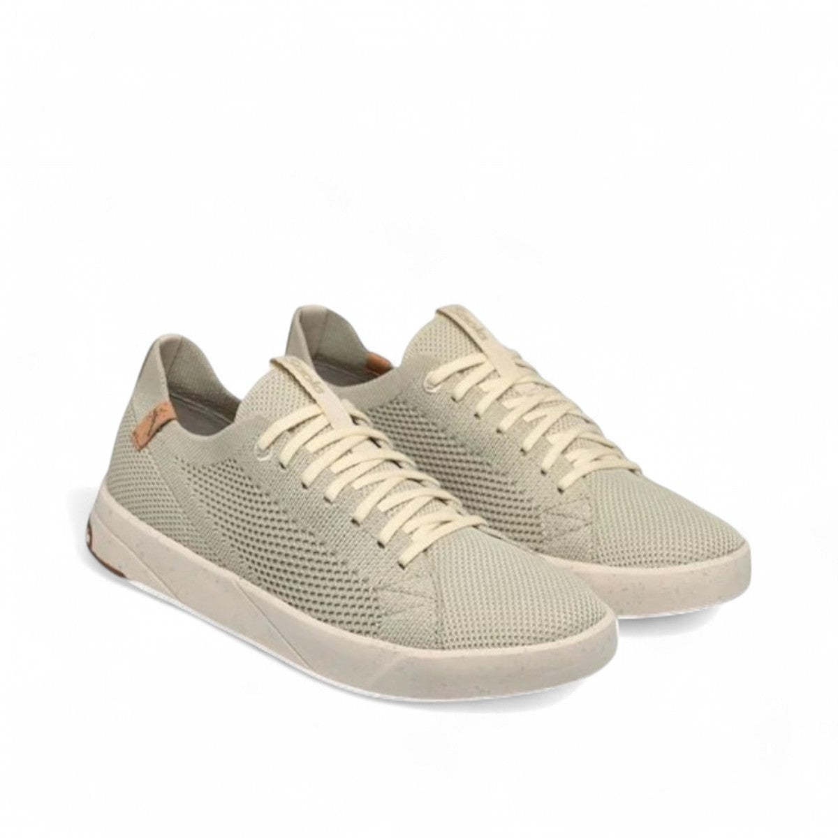 SAOLA Cannon Knit 2.0W sneakers in faded green with a sustainable recycled knit upper and cork details. Photo of front side views.