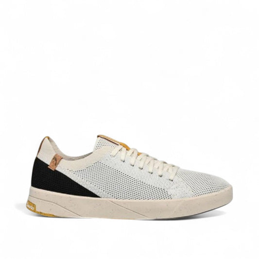 SAOLA Cannon Knit 2.0 sneaker in white and black with a sustainable recycled knit upper and cork details. Photo of right side view.