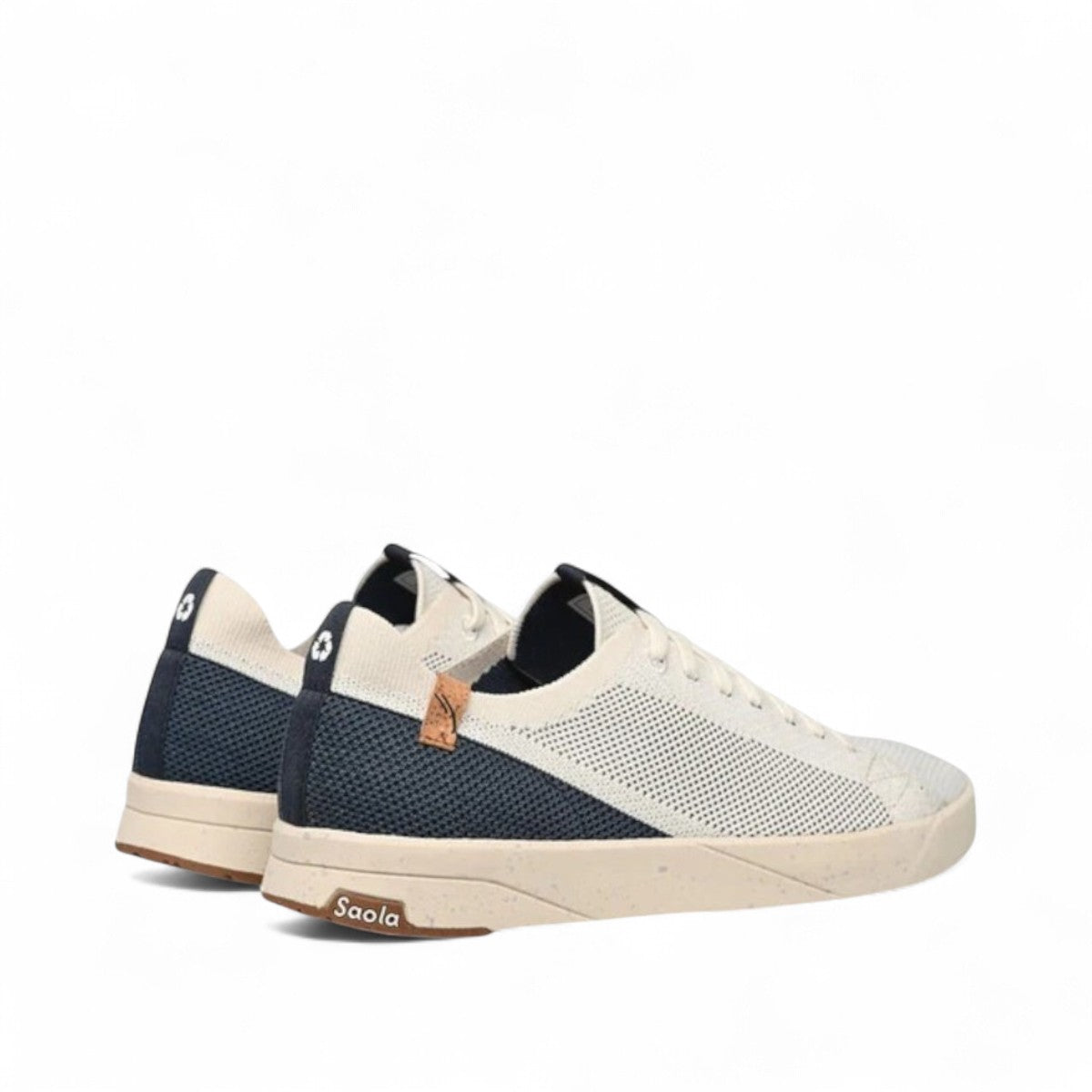 SAOLA Cannon Knit 2.0 sneakers in white and navy with a sustainable recycled knit upper and cork detail. Photo of back side views.