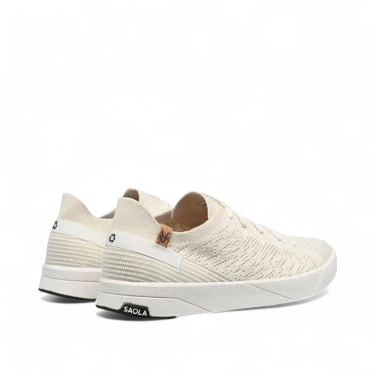 SAOLA Cannon Knite 3W white sustainable knit sneaker with a low-top silhouette and cork detail. Photo of back side views.