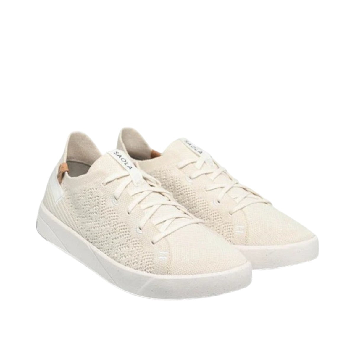 SAOLA Cannon Knite 3W white sustainable knit sneaker with a low-top silhouette and cork detail. Photo of front side views.