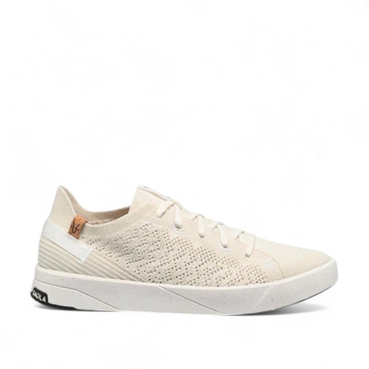 SAOLA Cannon Knite 3W white sustainable knit sneaker with a low-top silhouette and cork detail. Photo of right side view.