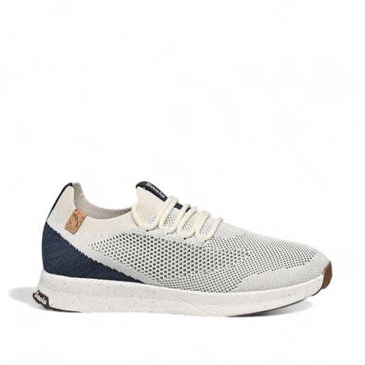 SAOLA Tsavo 2.0M sneaker in white and navy with a breathable knit upper and cork detail. Photo of right side view.