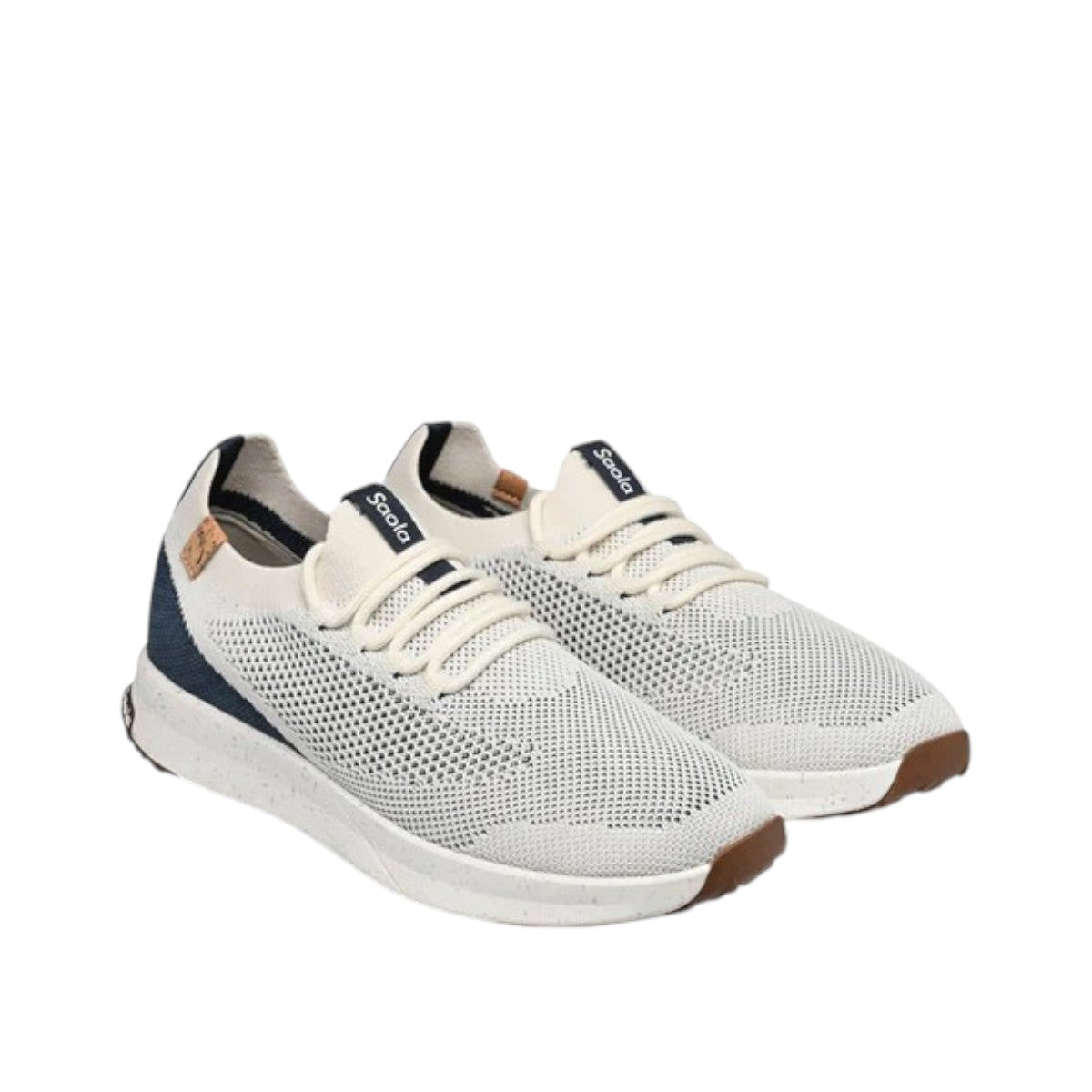 SAOLA Tsavo 2.0M sneaker in white and navy with a breathable knit upper and cork detail. Photo of front side views.
