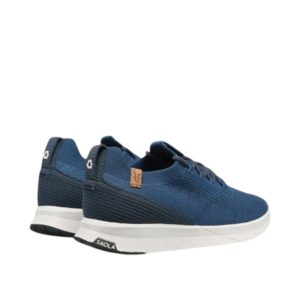 SAOLA TSAVO 3M blue waterproof knit sneaker with a white midsole and flexible slip-on design. Photo of back side views.