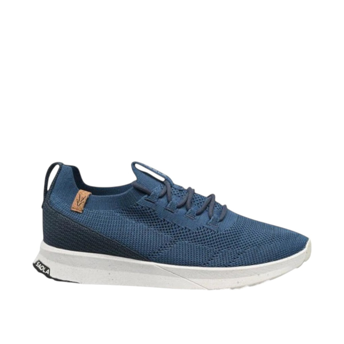 SAOLA TSAVO 3M blue waterproof knit sneaker with a white midsole and flexible slip-on design. Photo of right side view.