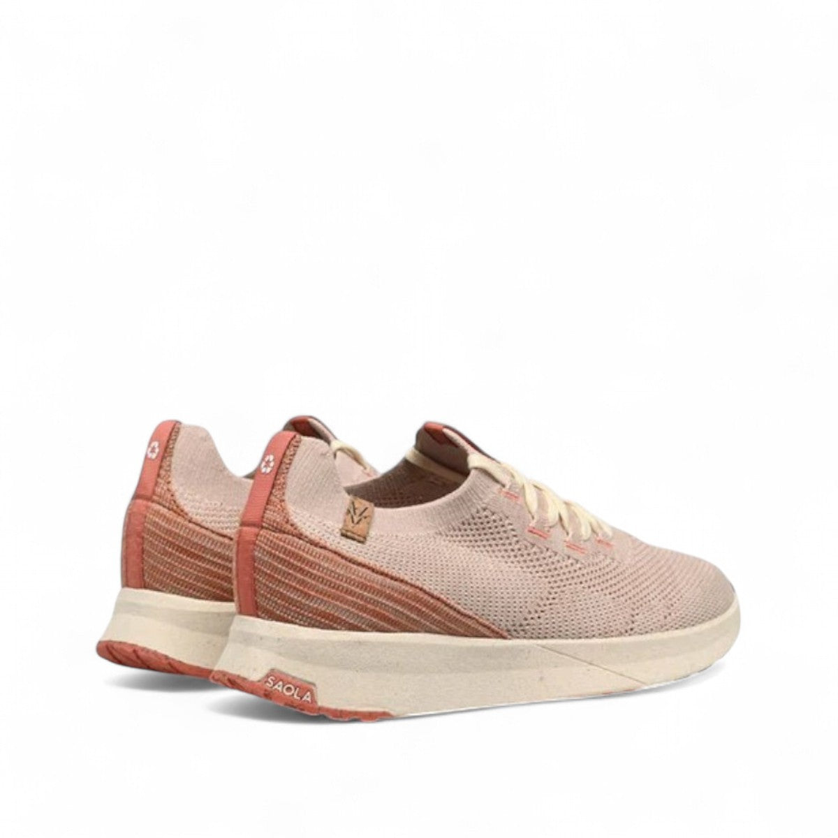 SAOLA Tsavo 3W sneaker in faded rose featuring a breathable recycled knit upper and cushioned midsole. Photo of back side views.
