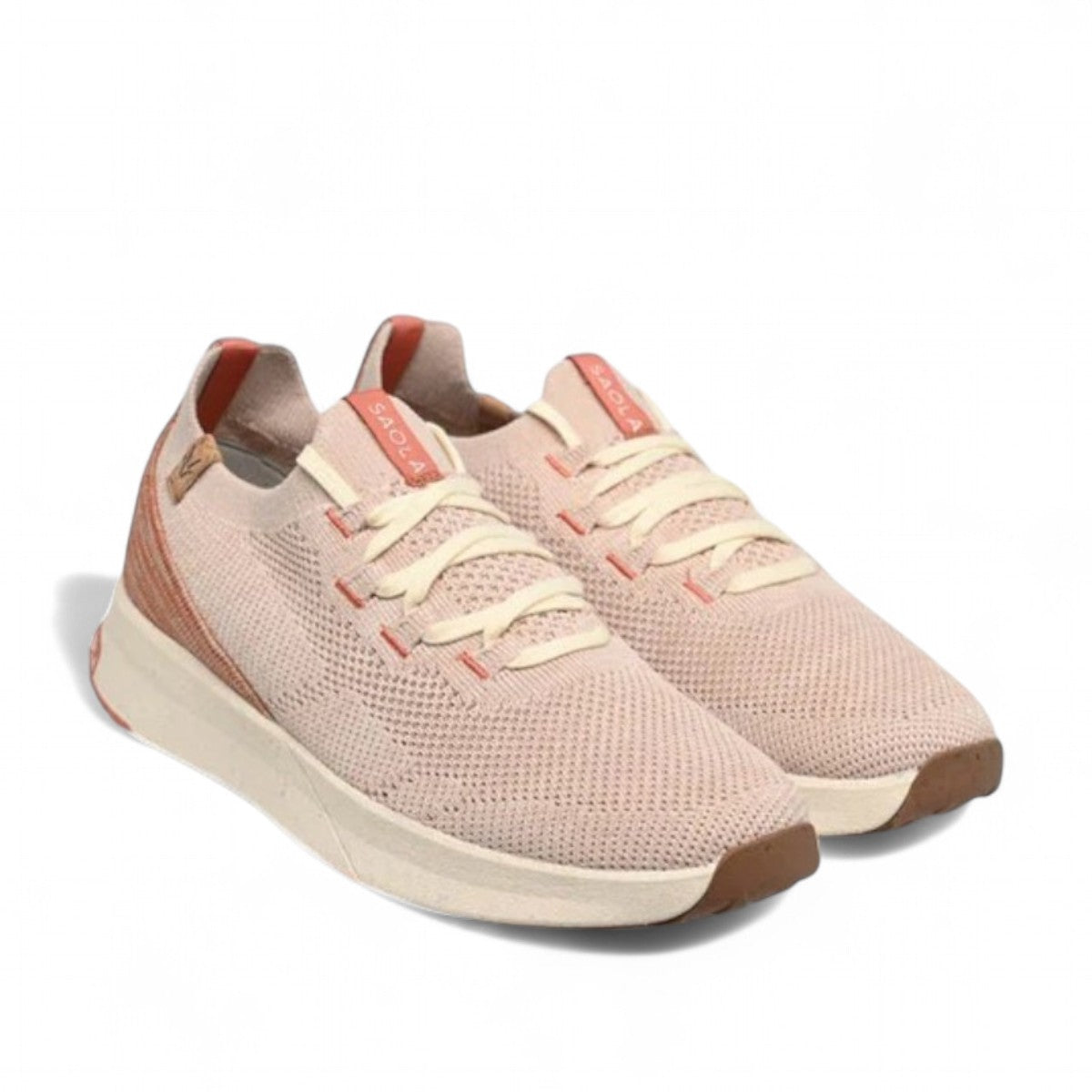 SAOLA Tsavo 3W sneaker in faded rose featuring a breathable recycled knit upper and cushioned midsole. Photo of front side views.