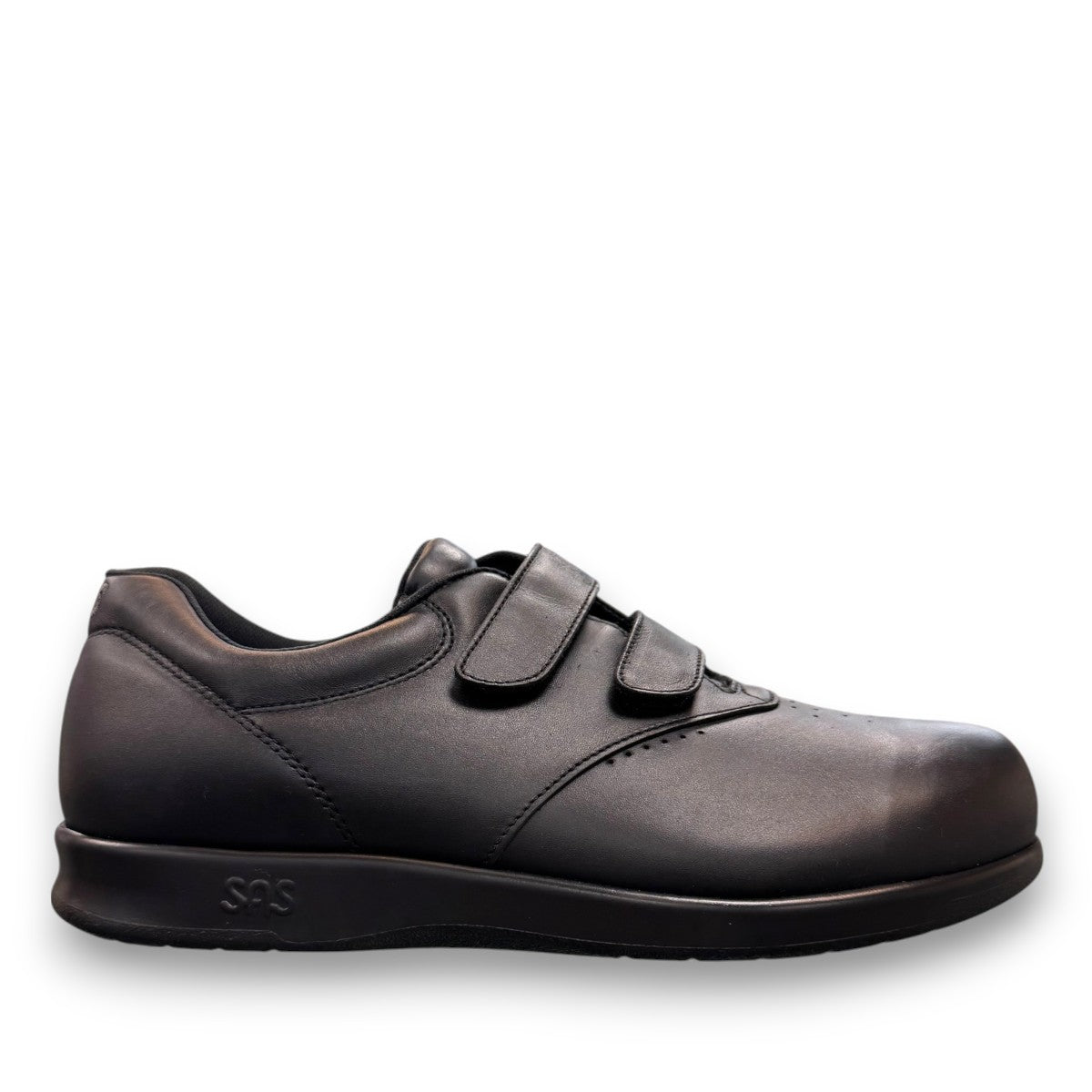 SAS Me Too black leather athletic walking shoe with adjustable EZ Straps and shock-absorbing sole.
photo of the right side