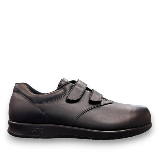 SAS Me Too black leather athletic walking shoe with adjustable EZ Straps and shock-absorbing sole.
photo of the right side