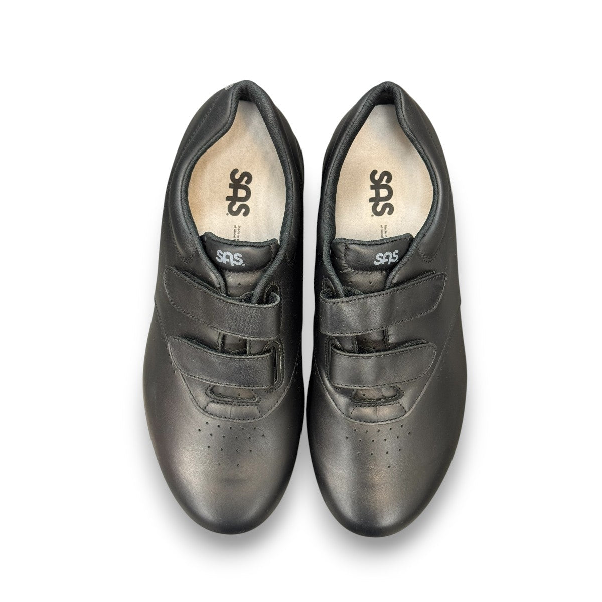 SAS Me Too black leather athletic walking shoe with adjustable EZ Straps and shock-absorbing sole.
photo of the top side