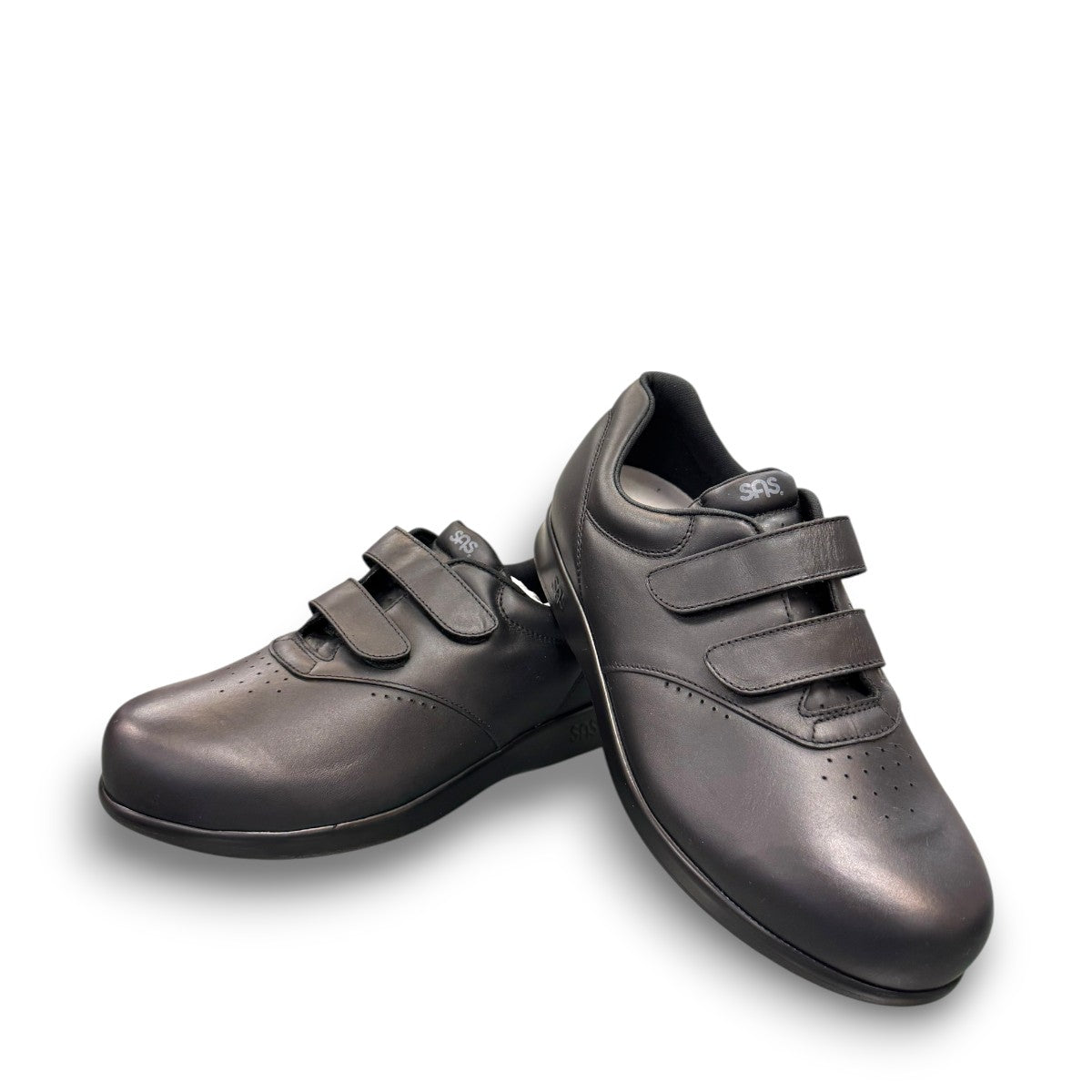 SAS Me Too black leather athletic walking shoe with adjustable EZ Straps and shock-absorbing sole.
photo of the front side
