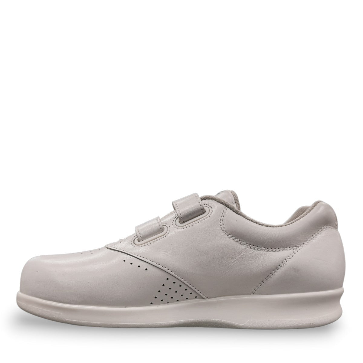 SAS Me Too white leather athletic walking shoe with adjustable EZ straps and cushioned sole.
photo of the left side