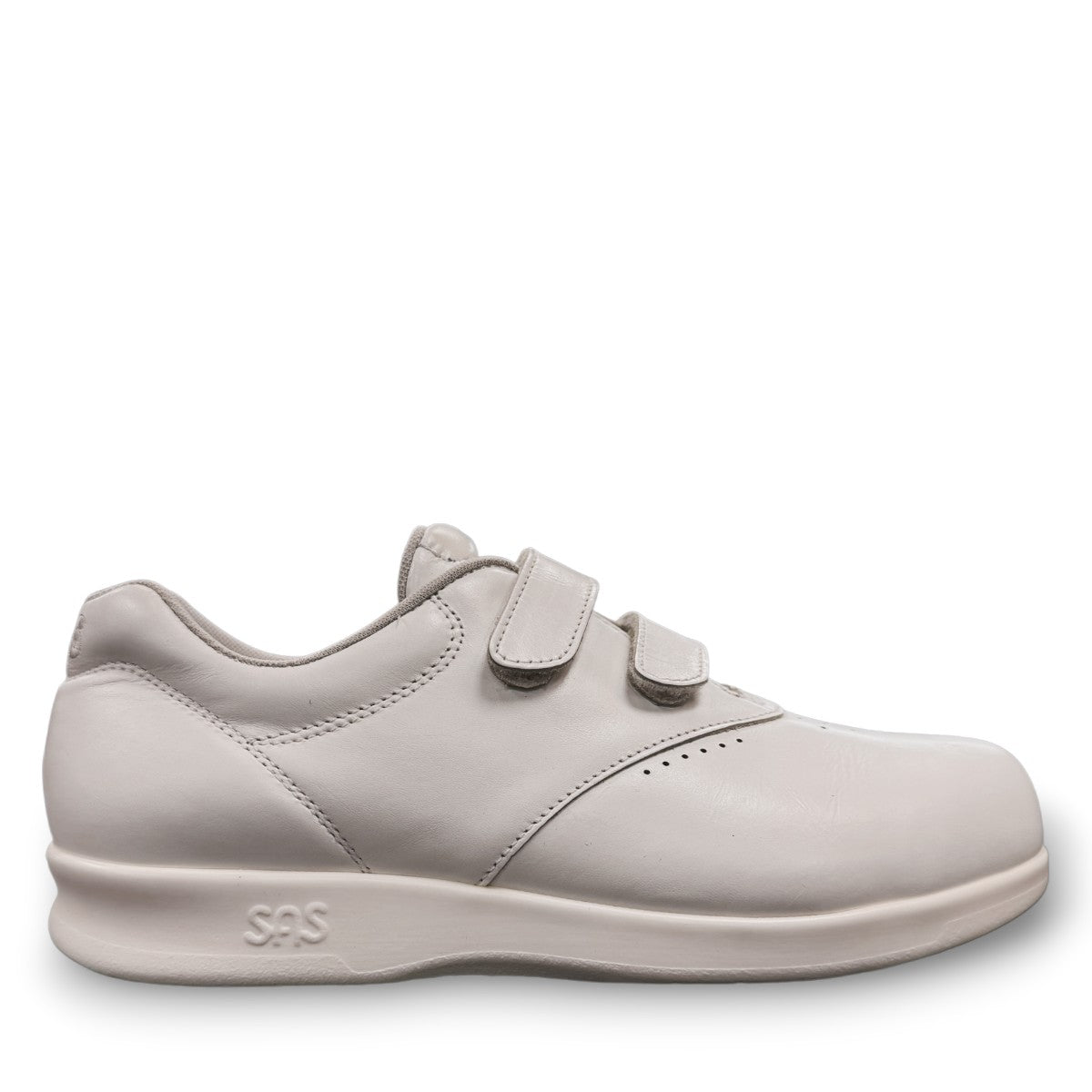 SAS Me Too white leather athletic walking shoe with adjustable EZ straps and cushioned sole.
photo of the right side