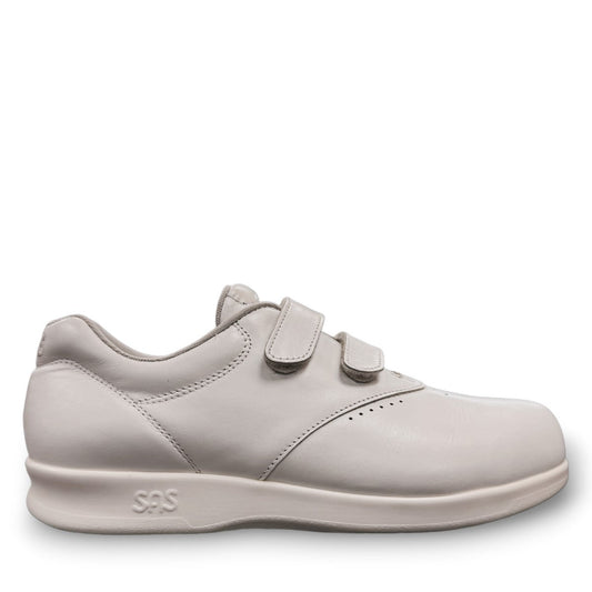 SAS Me Too white leather athletic walking shoe with adjustable EZ straps and cushioned sole.
photo of the right side