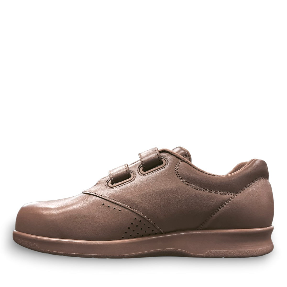 SAS Me Too mocha leather athletic walking shoe with adjustable EZ Straps and shock-absorbing sole.
photo of the left side