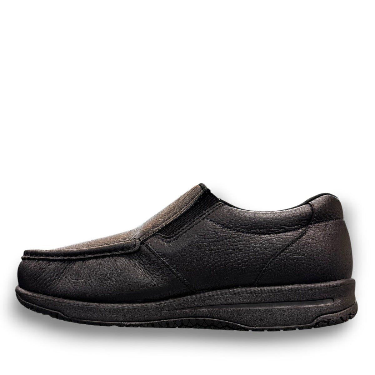 SAS Navigator black water-resistant leather slip-on shoe with non-slip X-Tra Grip sole.
photo of the left side